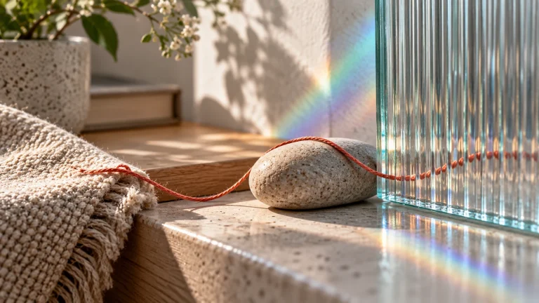 Holz, Stoff, Stein und geripptes Glas treffen in farbig gebrochenem Tageslicht aufeinander; korallfarbener Faden liegt zwischen den Materialien.