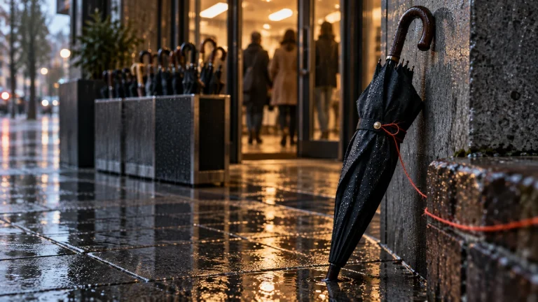 Ein einzelner geschlossener Regenschirm lehnt außerhalb eines vollen Schirmständers; korallfarbener Faden umschließt seinen Griff.