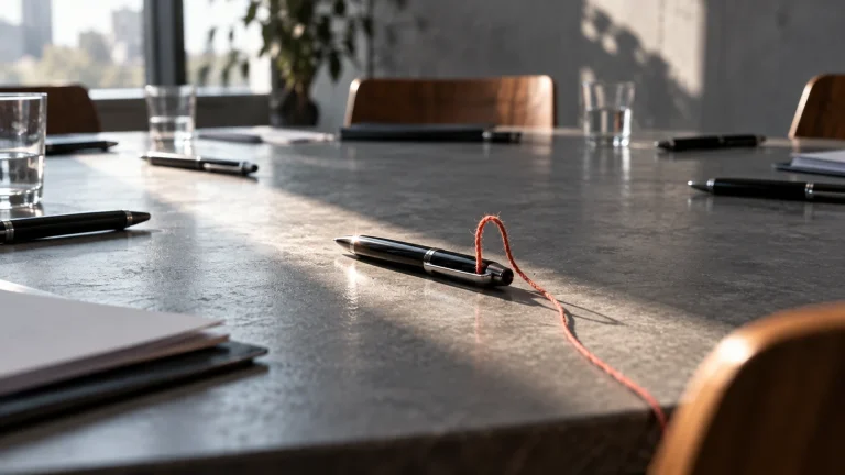 Leerer Konferenztisch mit mehreren Stiften; ein Stift liegt weiter vorn und trägt eine kleine korallfarbene Fadenschlaufe.