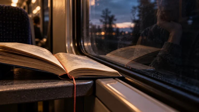 Offenes Buch an einem Zugfenster mit undeutlicher Spiegelung einer Person; korallfarbener Faden hängt als Lesezeichen herab.