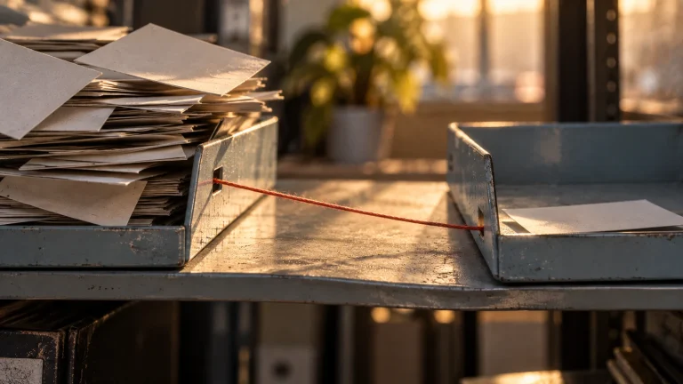 Zwei Metallablagen tragen sehr unterschiedlich viele Karten und sind durch einen gespannten korallfarbenen Faden verbunden.