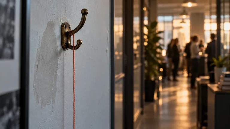 Leerer Kleiderhaken vor einem belebten, unscharfen Büroflur; ein korallfarbener Faden hängt senkrecht vom Haken.