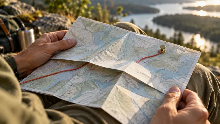 Hände halten einen gefalteten Plan, dessen Route unter mehreren Falten verschwindet; korallfarbener Faden ist an einem Punkt befestigt.