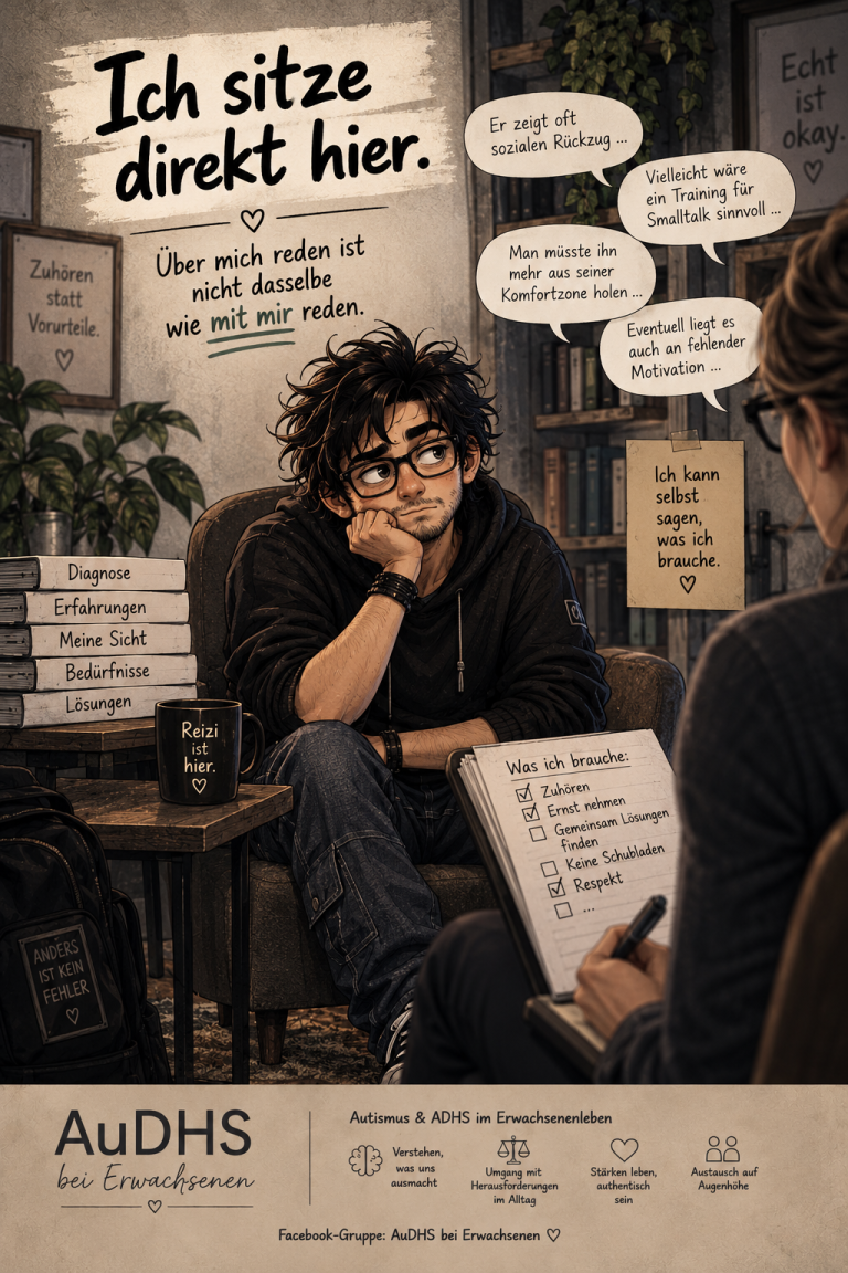 Reizi sitzt in einem Gespräch, während andere über ihn und seine Situation sprechen. Bildtitel: Reizi – Über mich reden ist nicht mit mir reden Bildunterschrift: Ich bin übrigens noch da. Medienbeschreibung: Illustration aus „Reizi & Alltag“ über Kommunikation auf Augenhöhe und Situationen, in denen über einen Menschen gesprochen wird, obwohl er selbst am Gespräch beteiligt ist.